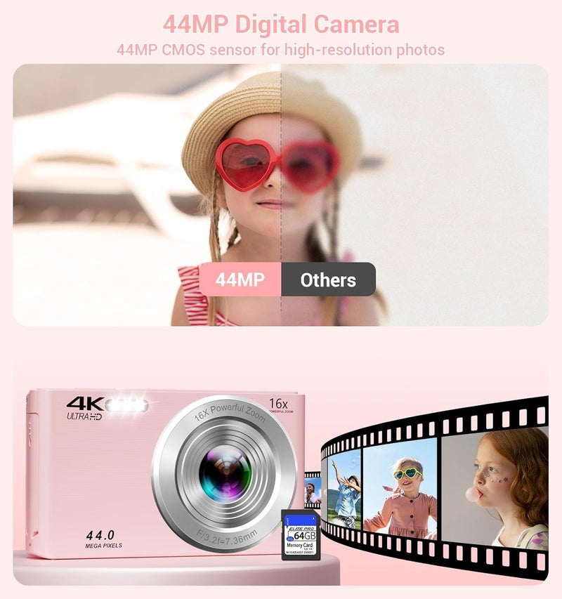 ceye Digital Camera, 2026 Upgraded FHD 4K Pink Digital Camera for Kids Teens Girls, Compact Cameras with 64GB Memory Card 2 Batteries, Small Portable Camera with 16X Autofocus Digital Zoom for Vlogging - Image 3